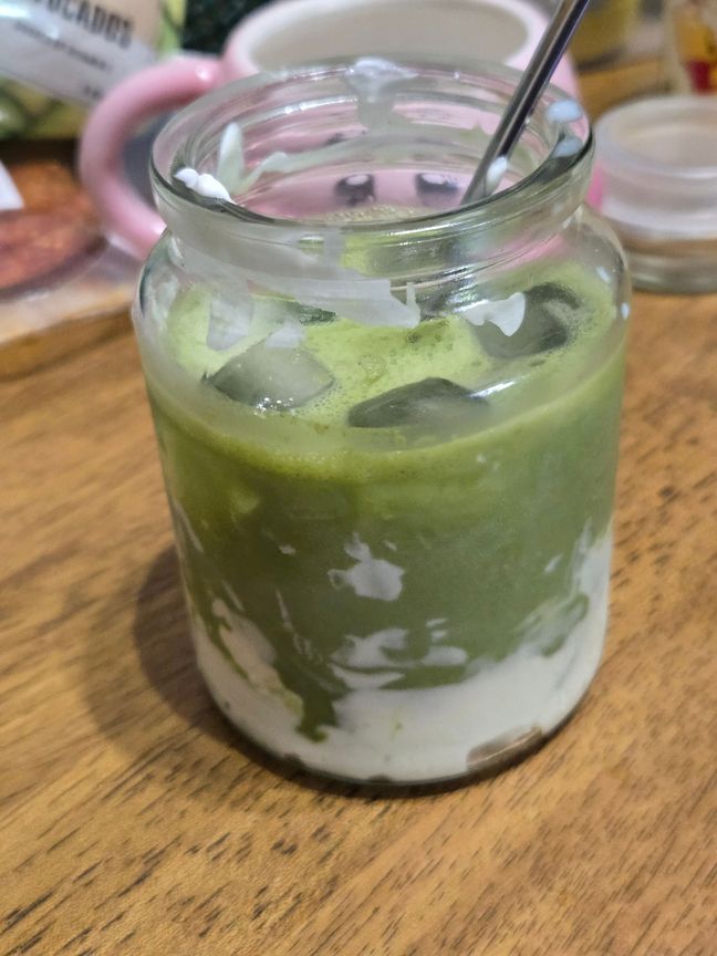 Matcha latte in a mason jar