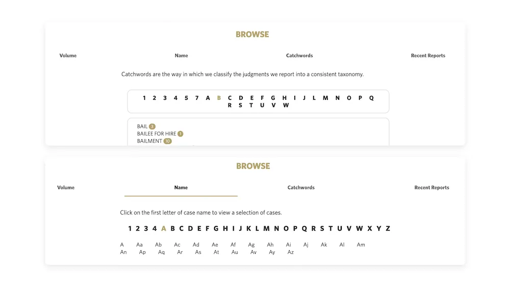 Image of browsing selectors for browse by catchwords and browse by name. They share the same functionality, but are styled differently.