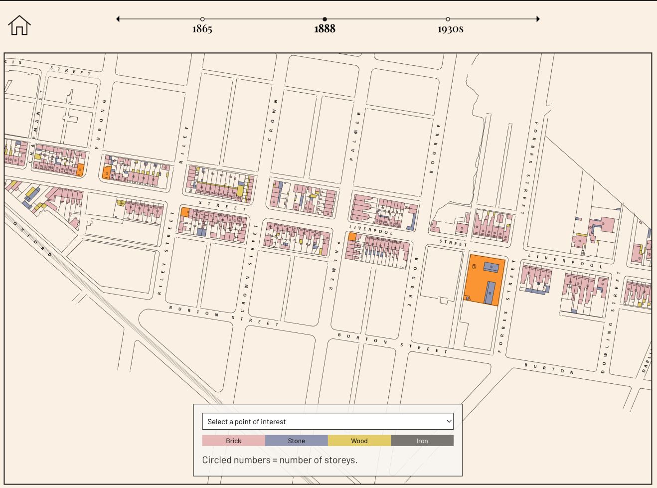 Screenshot of the map from 1888 – notice how this map shows building composition!