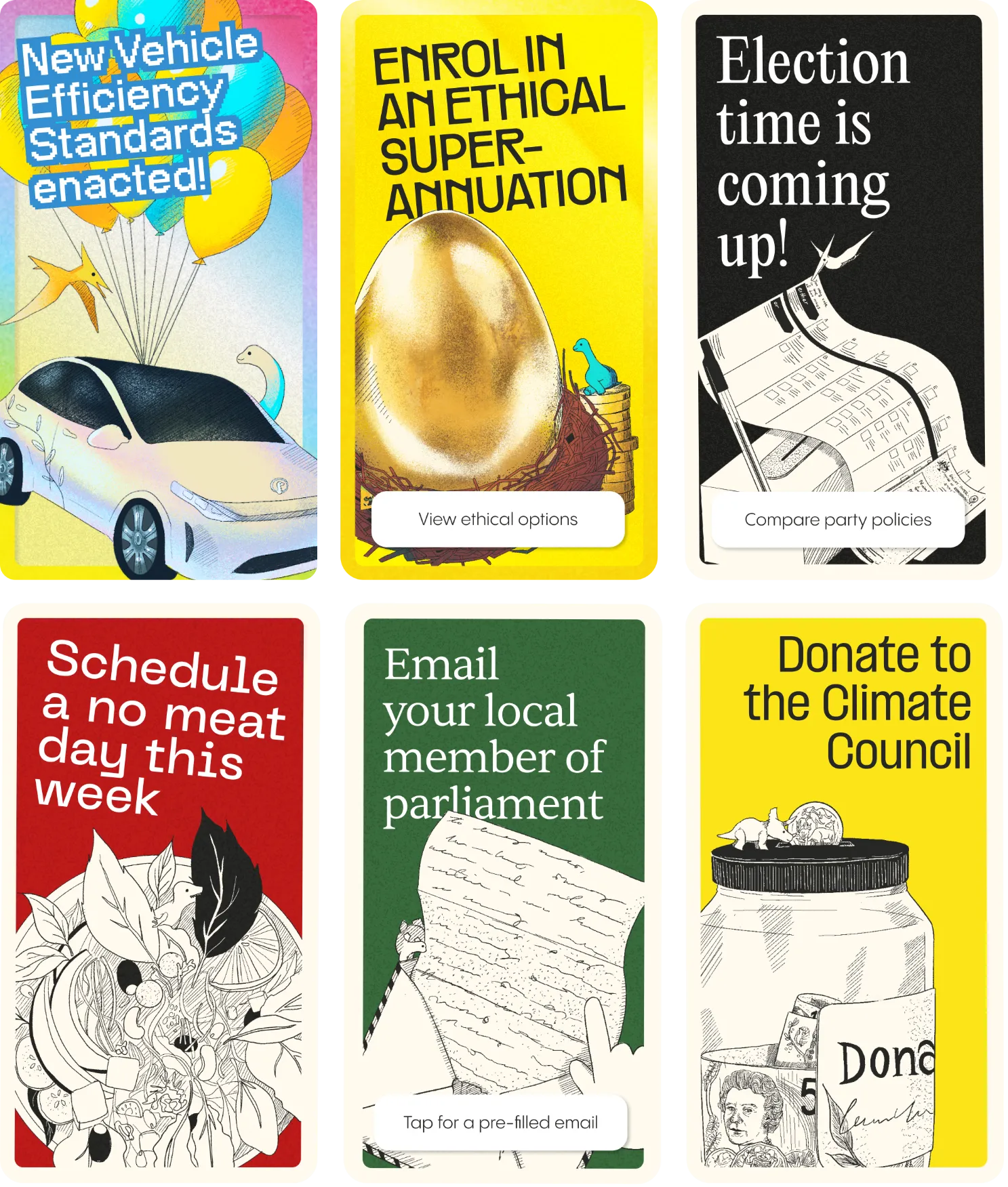 Six Climasaur climate action cards, each with its own illustration and typeface treatment.
